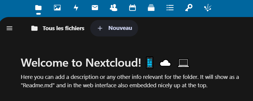 Cette image représente une capture d'écran d'une interface Nextcloud avec plusieurs applications installées : Files, Photo, Activités, Mail, Contacts, Agenda, Deck, Formulaire, Password et LibreSign.